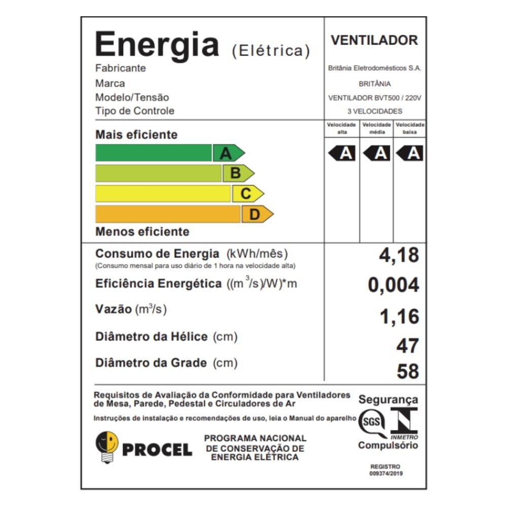 Ventilador de Mesa Britânia BVT500 Max Force 58cm - 6 Pás, 3 Velocidades, Preto, 220V