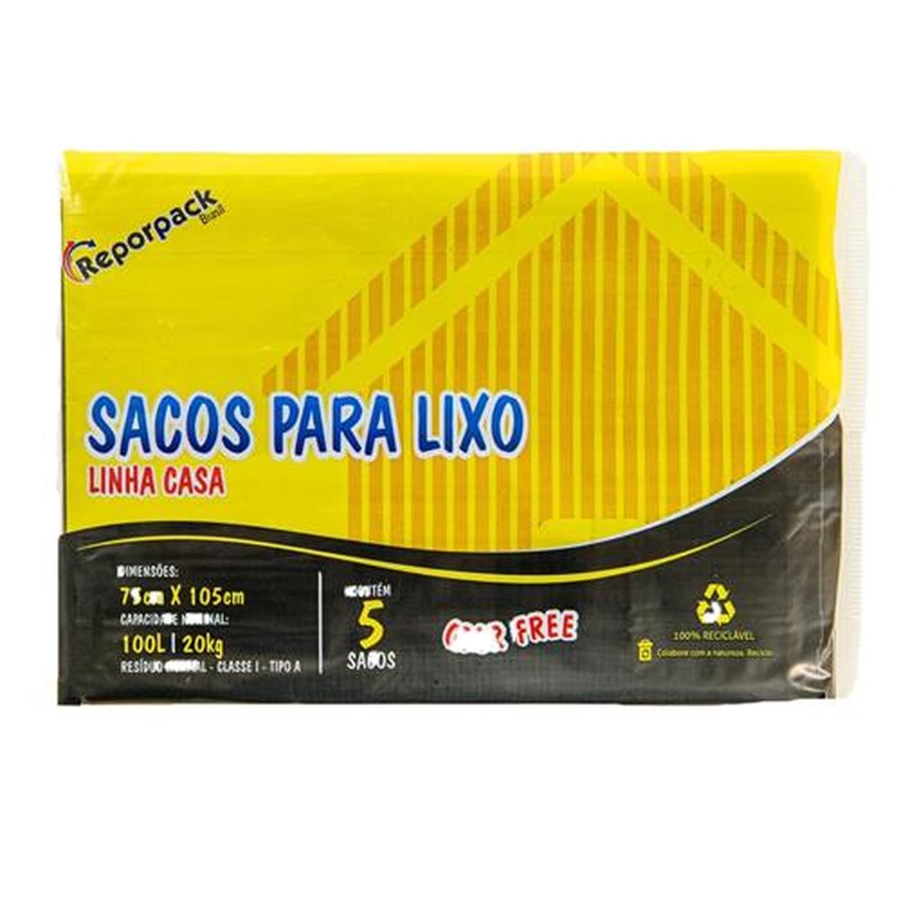 Saco para Lixo 100L 75X105cm Preto Dobrado Almofada Embalagem com 5 unidades