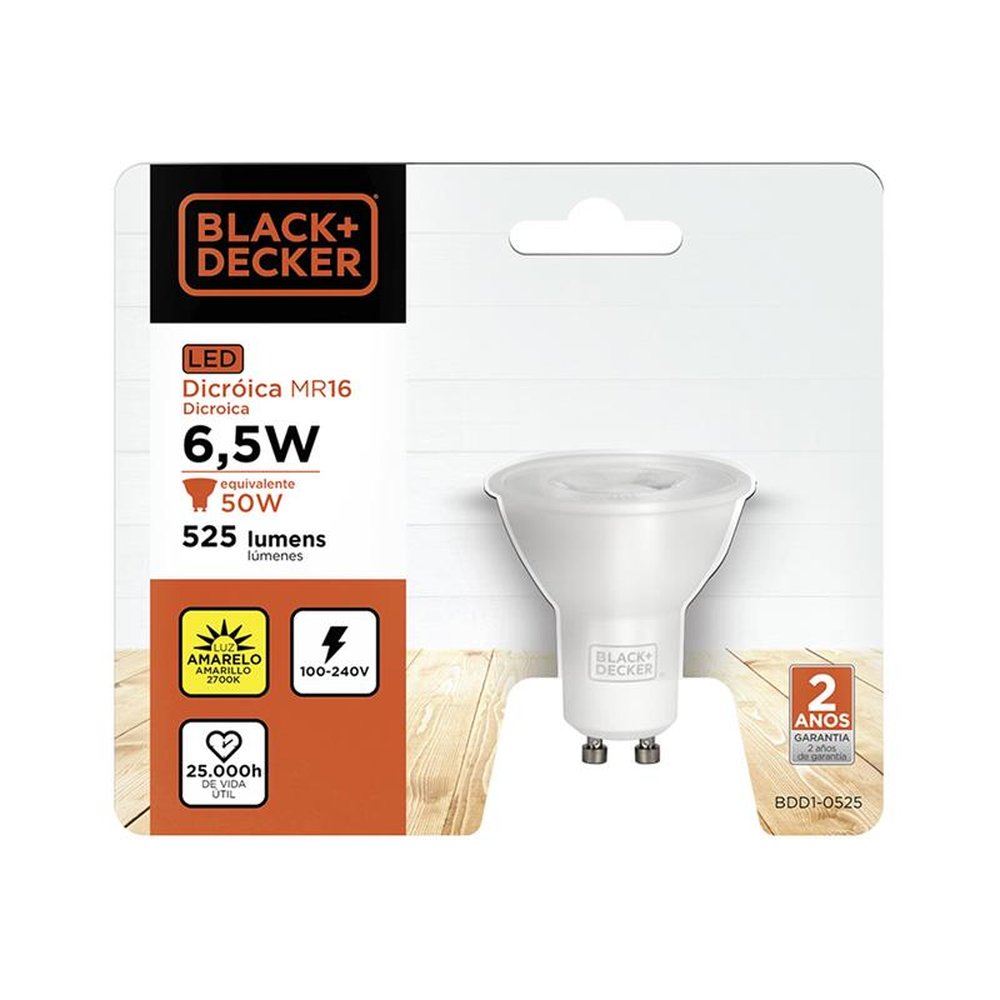 Lampada LED Black+Decker Dicroica MR16 GU10 6,5W 3000K Amarela