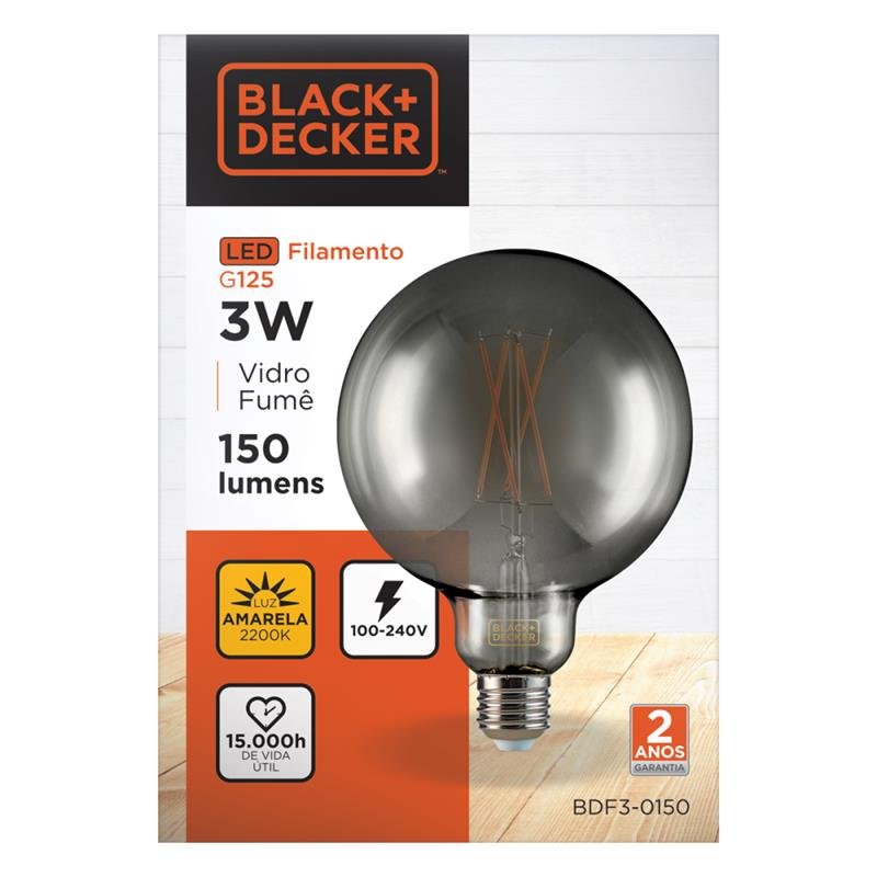 Lampada LED Black+Decker Filamento G125 BlacK 3W 2200K | Martins Atacado