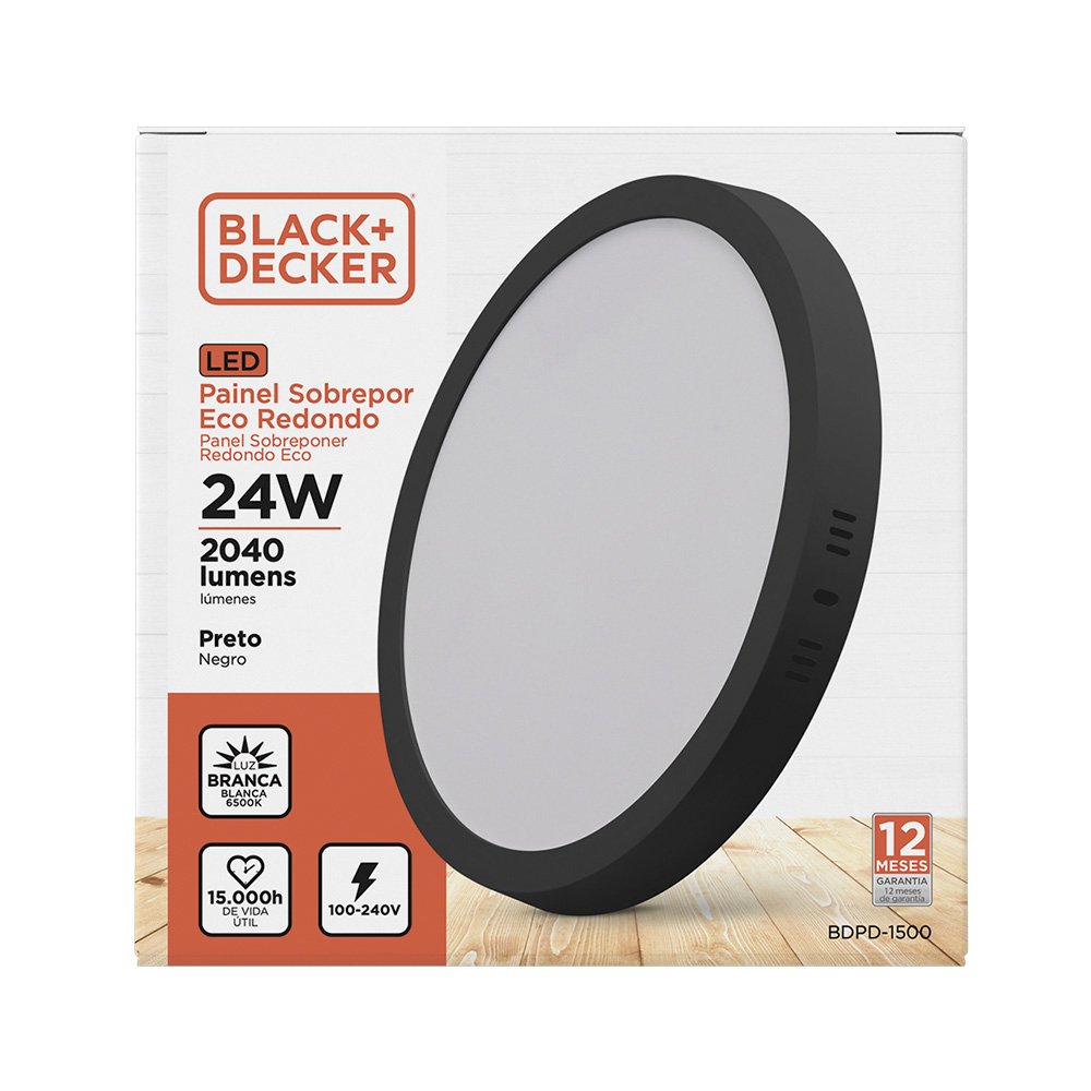 Painel LED ECO Sobrepor Black+Decker 24W Redondo Preto 6500K