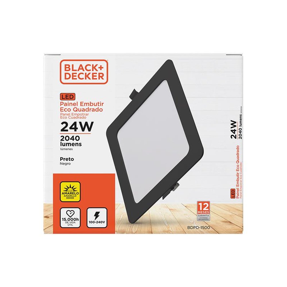 Painel LED ECO Embutir Black+Decker 24W Quadrado Preto 3000K