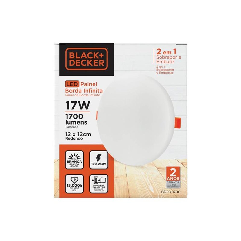 Painel LED 2x1 Borda Infinita Black+Decker 17W 6500K Branca Redondo