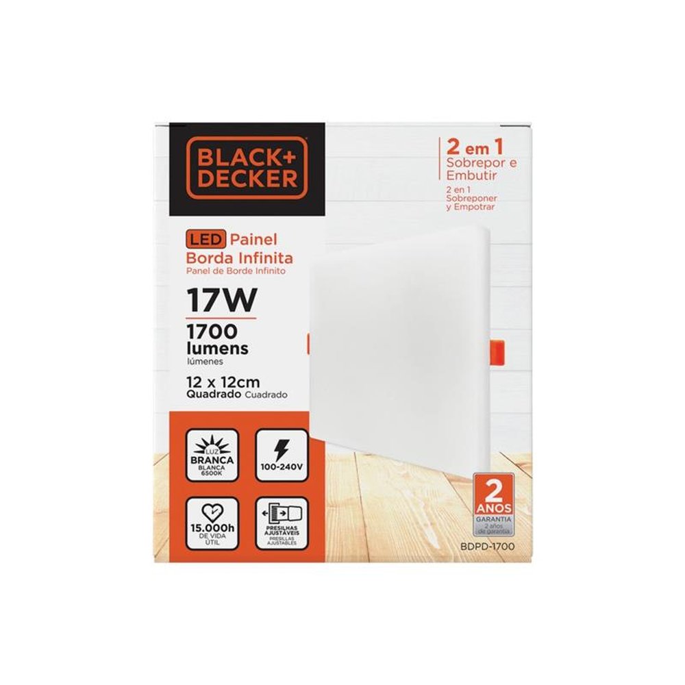 Painel LED 2x1 Borda Infinita Black+Decker 17W 6500K Branca Quadrado