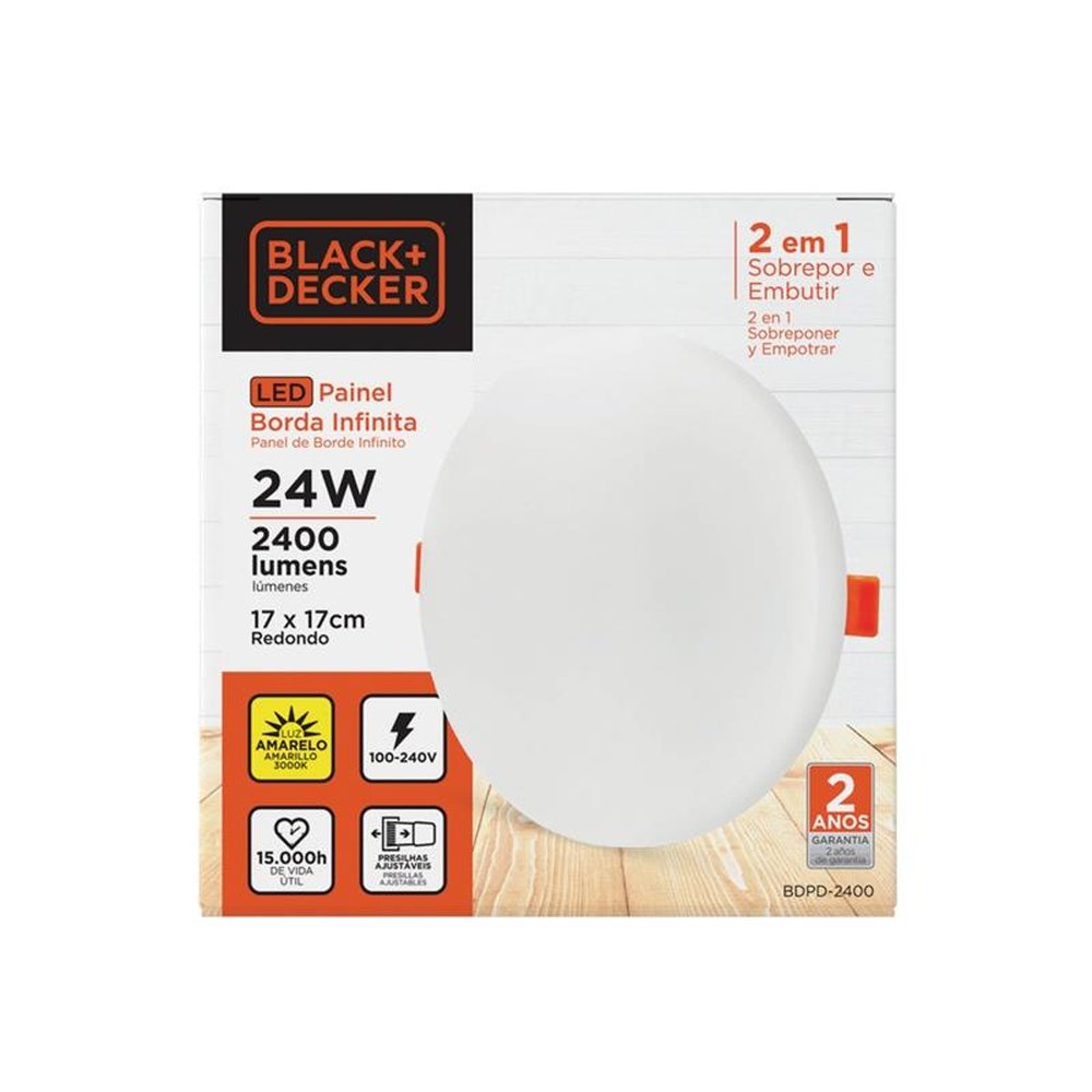 Painel LED 2x1 Borda Infinita Black+Decker 24W 3000K Amarela Redondo
