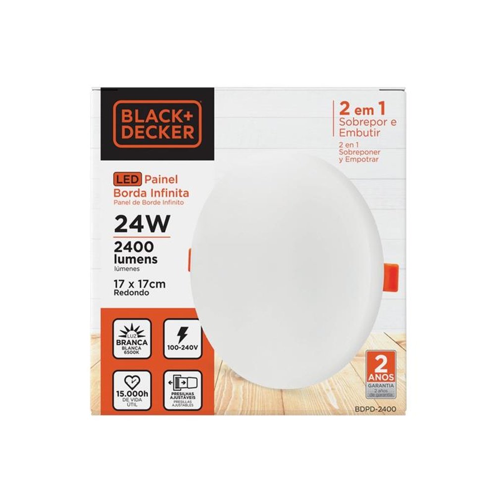 Painel LED 2x1 Borda Infinita Black+Decker 24W 6500K Branca Redondo