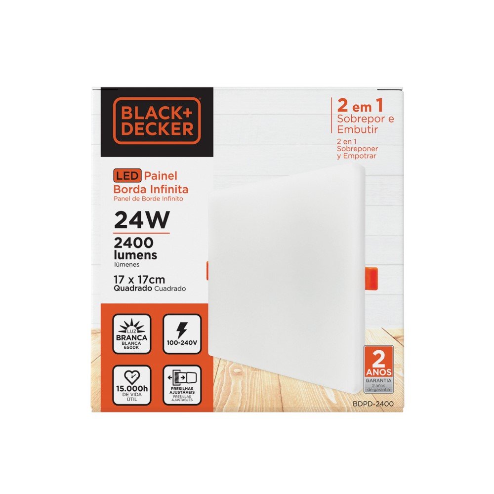 Painel LED 2x1 Borda Infinita Black+Decker 24W 6500K Branca Quadrado