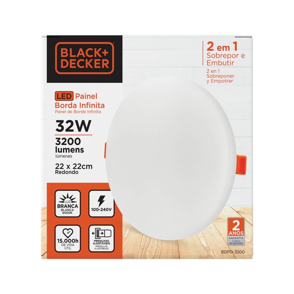Painel LED 2x1 Borda Infinita Black+Decker 32W 6500K Branca Redondo