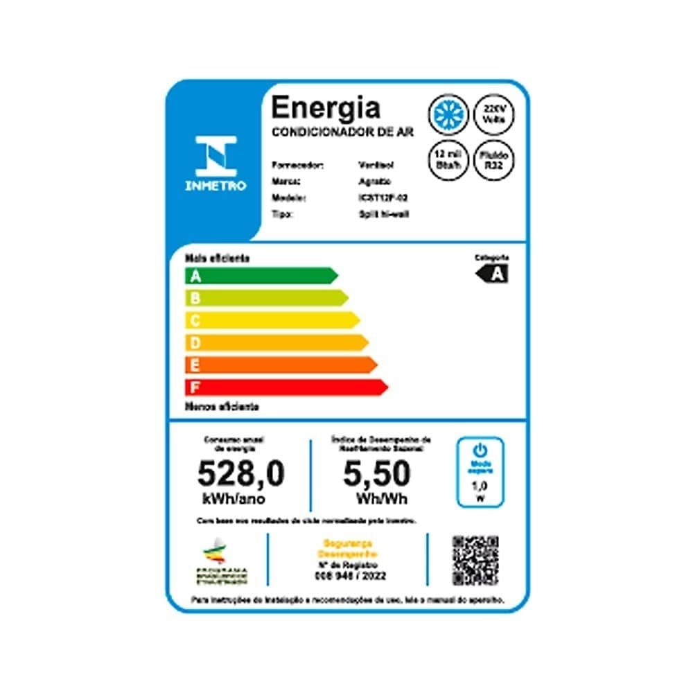 Ar Condicionado Split 9.000 BTUS Agratto ICST9F Neo Top - Frio, Inverter, Branco, 220V