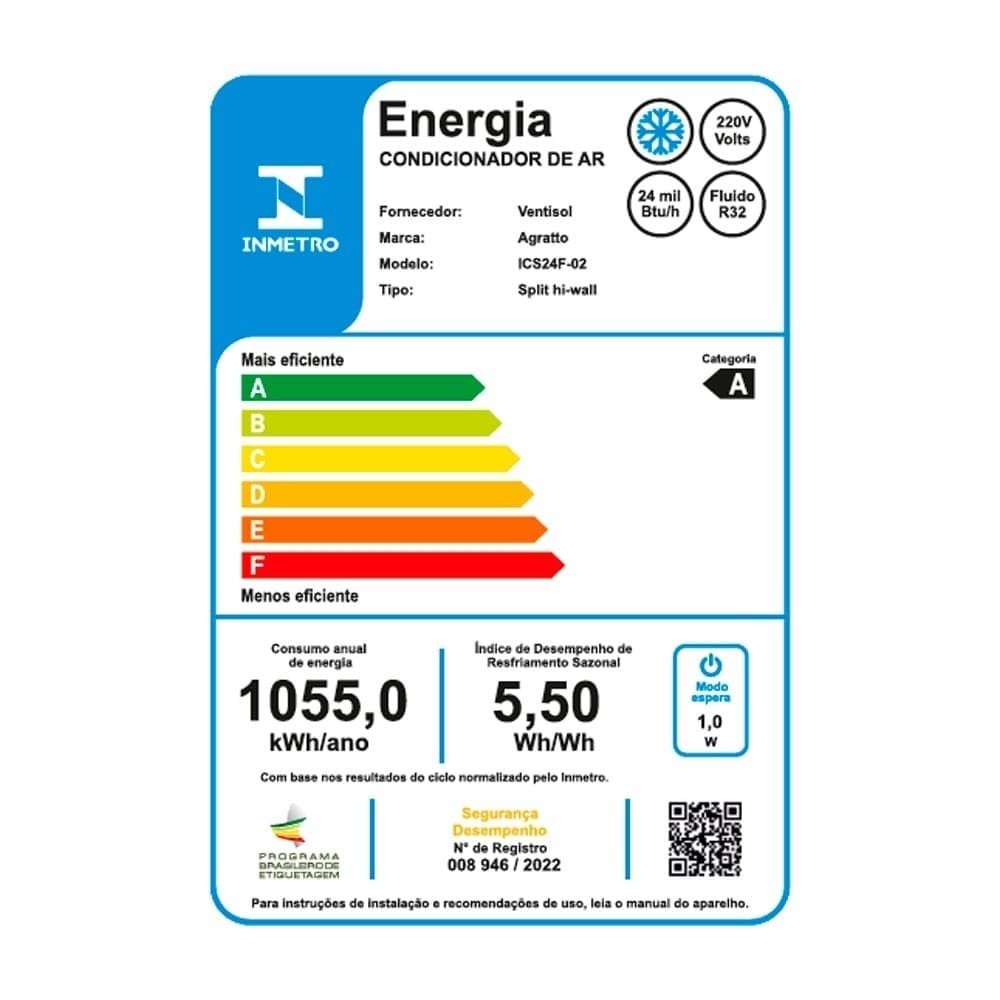 Ar Condicionado Split 24.000 BTUS Agratto ICS24F Neo Top - Frio, Inverter, Branco, 220V