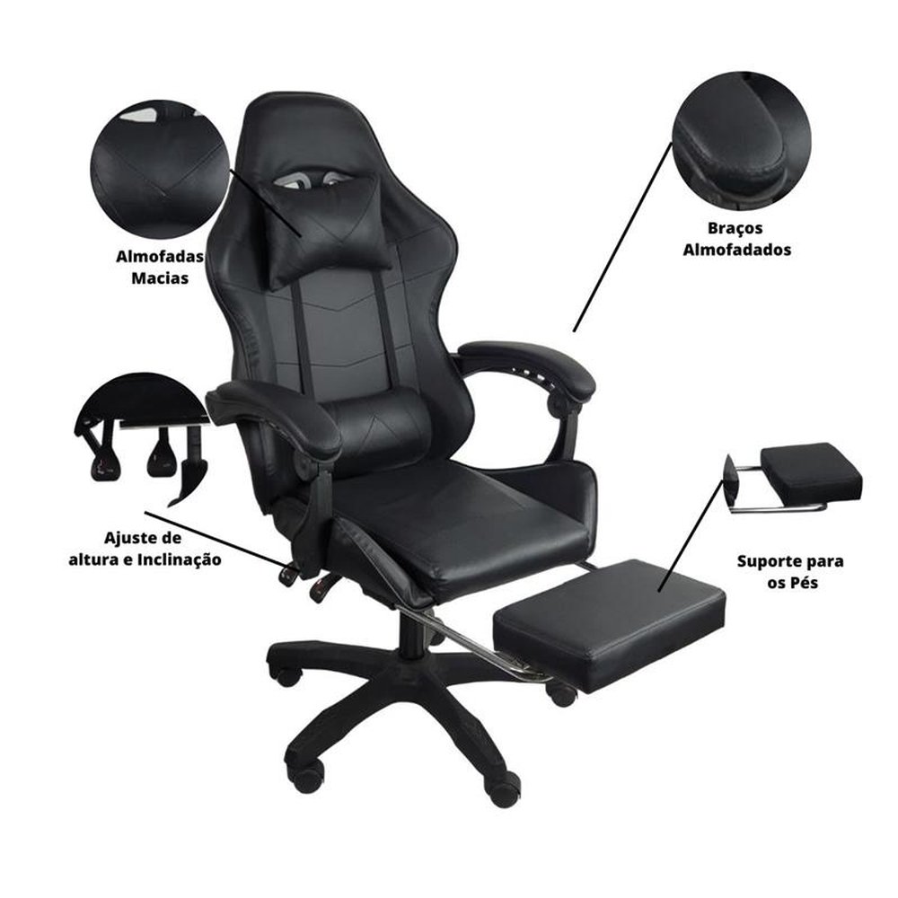 Kit 2 Cadeiras Gamer Stillus Ergonômica com Apoio para Os Pés - Preto