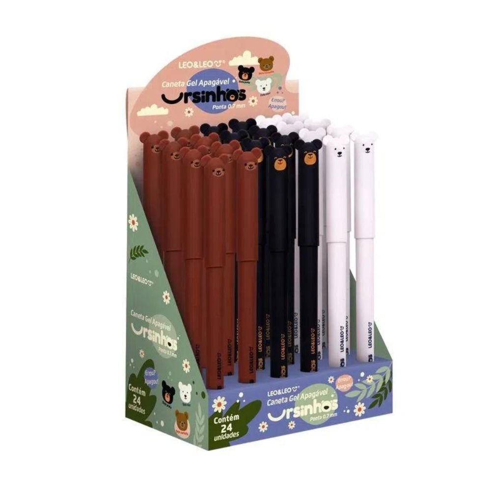 Caneta Apagável Gel 0.7mm Ursinhos - Azul/preta/vermelha - Display Com 24 Unidades Leo&leo Leonora