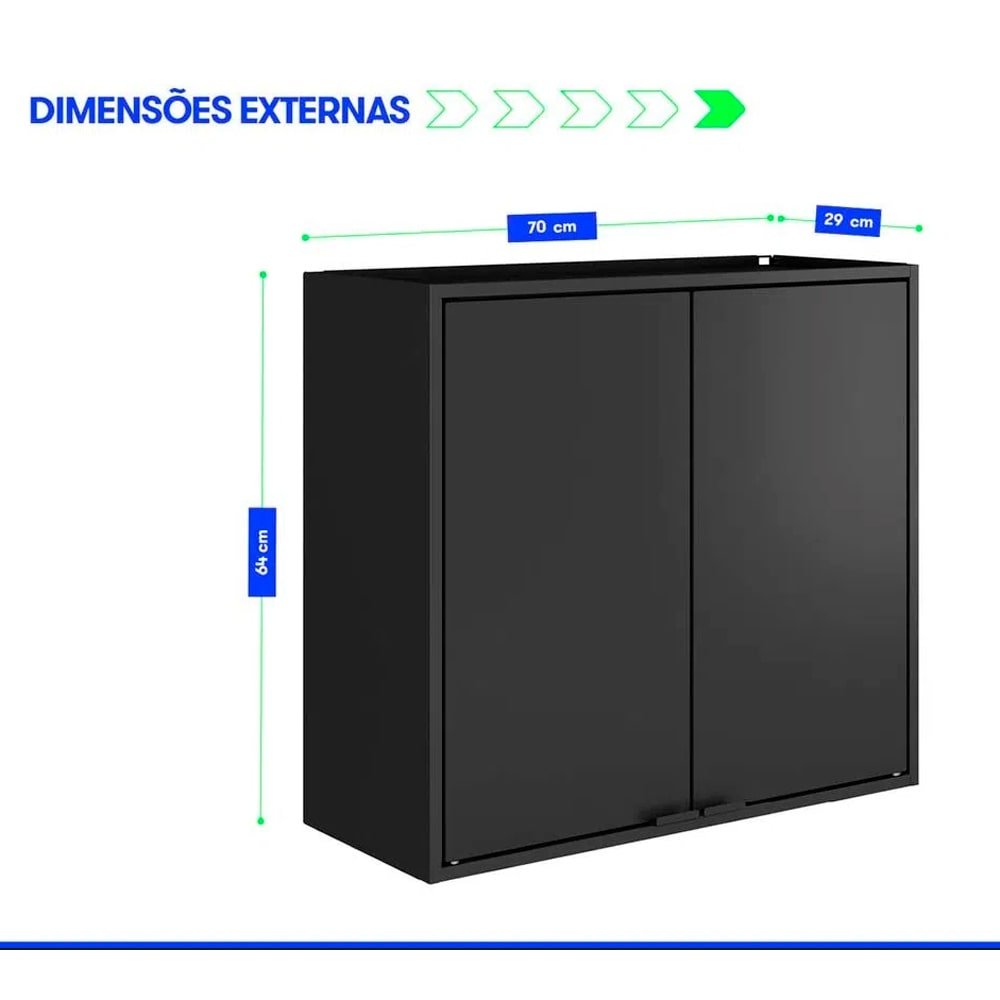 Armário Aéreo de Cozinha Itatiaia 3500001760 | em Aço, Porta Smart, Preto