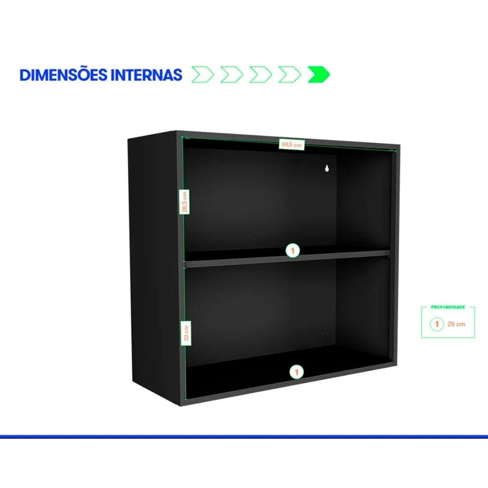 Armário Aéreo de Cozinha Itatiaia 3500001760 | em Aço, Porta Smart, Preto