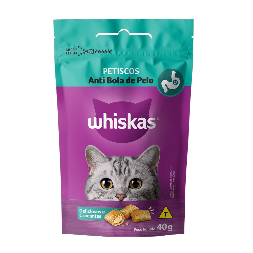 Ração Whiskas Snacks Anti Bola Pelo 40g - Embalagem com 24 Unidades