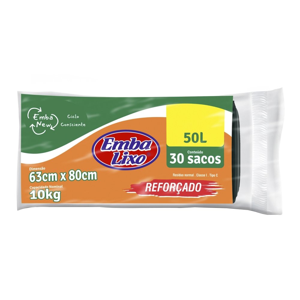 Saco de Lixo Embalixo Embanew Rolo Reforçado Preto 50 Litros - Embalagem com 30 Unidades