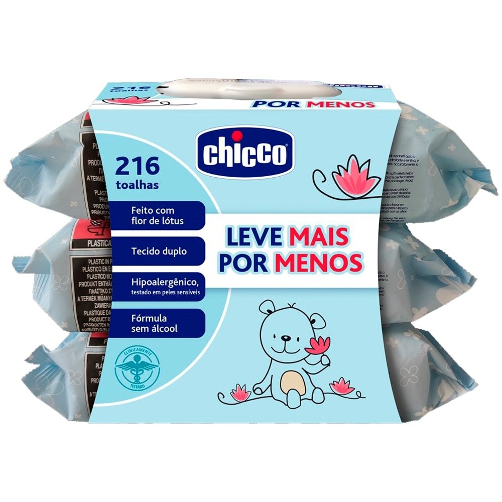 Lenços Umedecidos Chicco Tecido Duplo - 3 Embalagens com 72 Lenços Cada