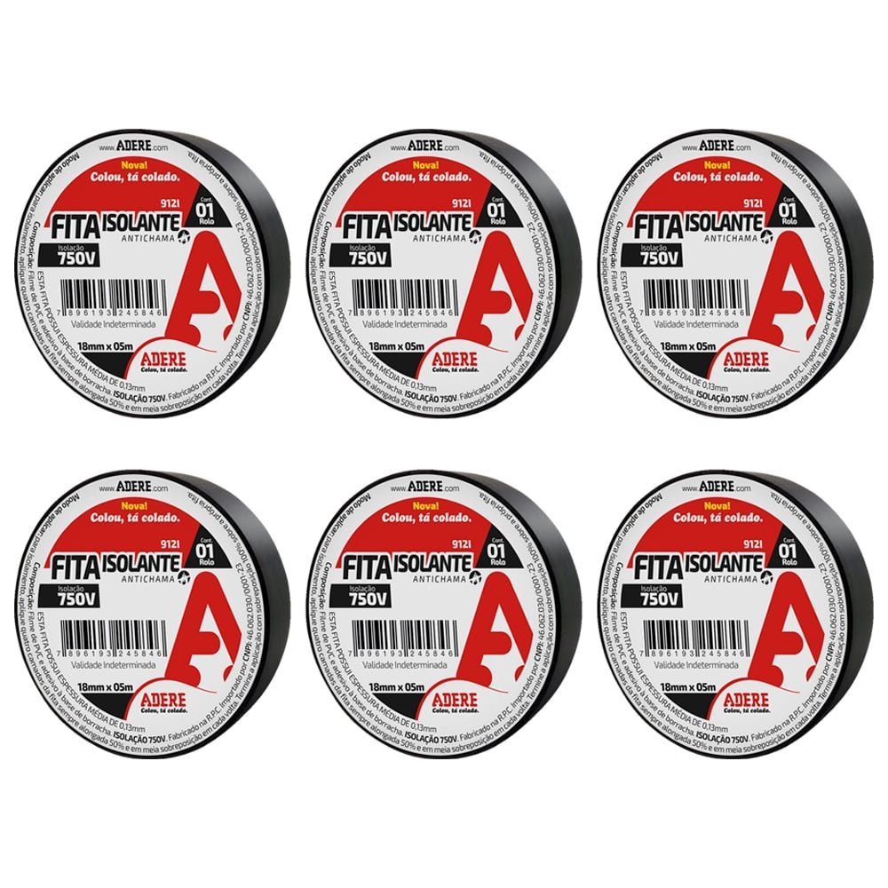Fita Isolante Adere 912I 18mmX5m Preto - Embalagem com 6 Unidades