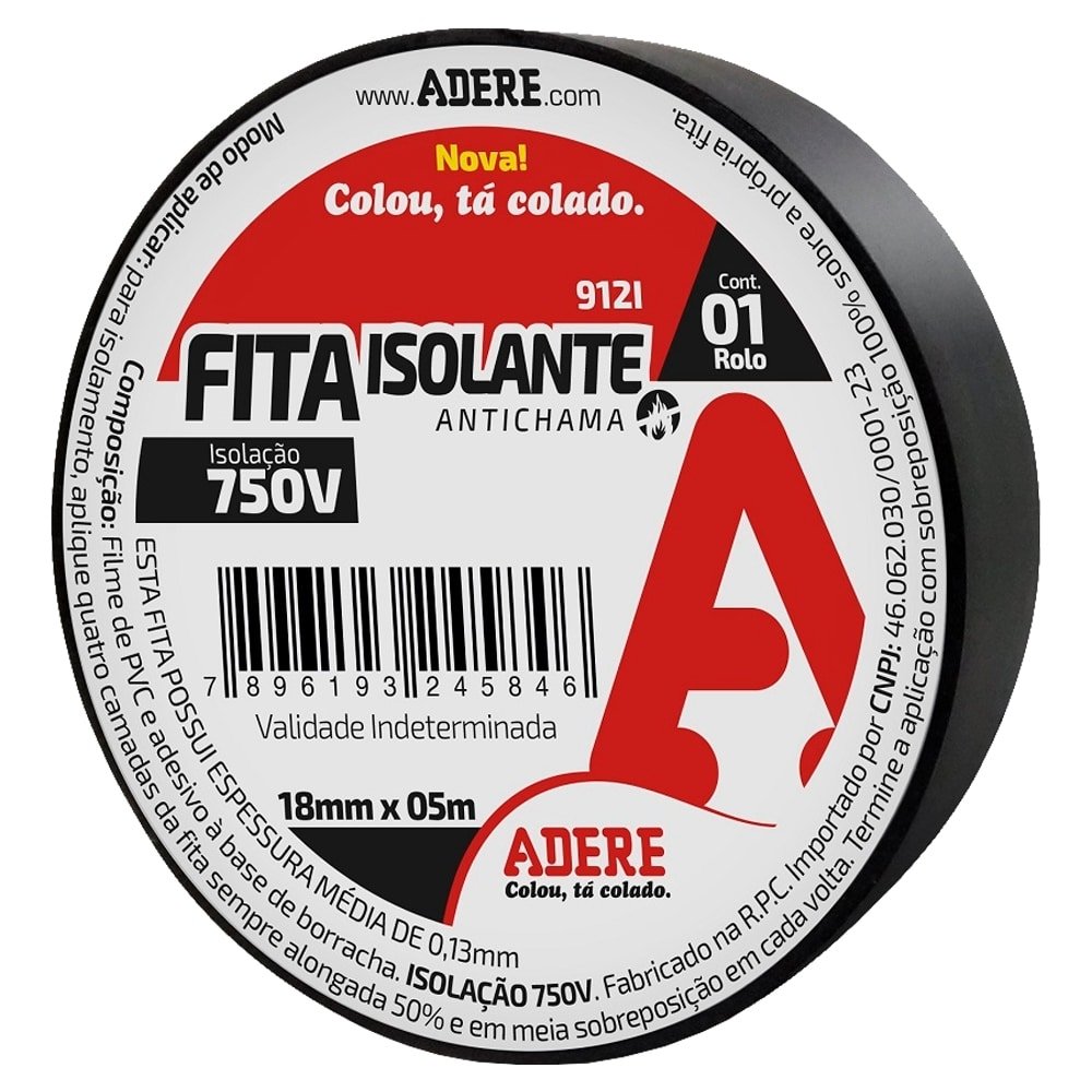Fita Isolante Adere 912I 18mmX5m Preto - Embalagem com 6 Unidades
