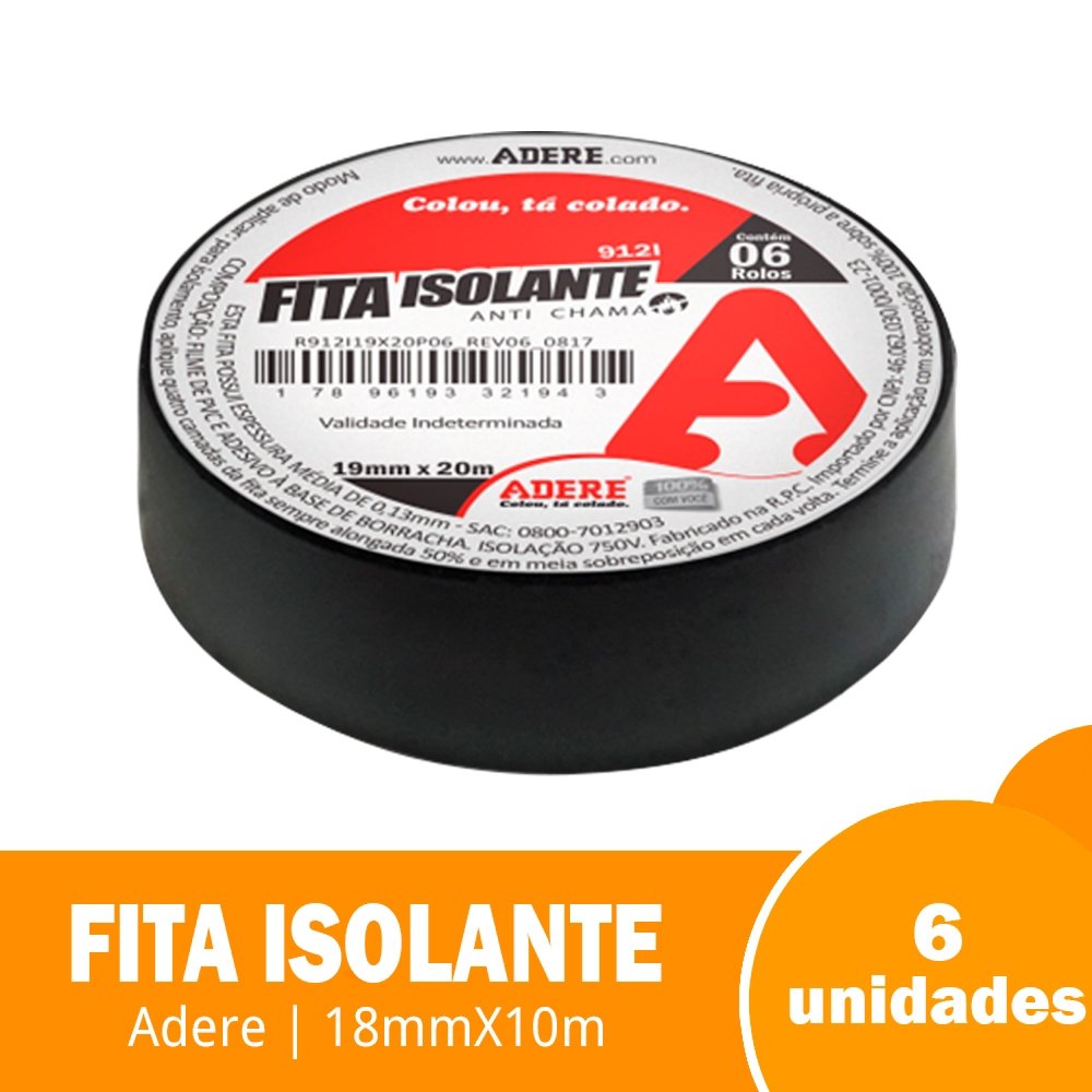 Fita Isolante Adere 912I 18mmX10m Preto - Embalagem com 6 Unidades