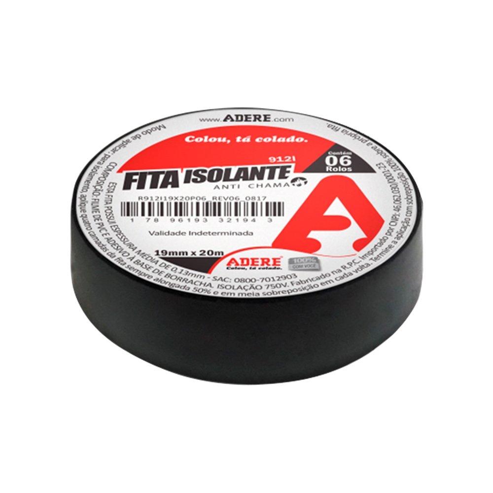 Fita Isolante Adere 912I 18mmX10m Preto - Embalagem com 6 Unidades
