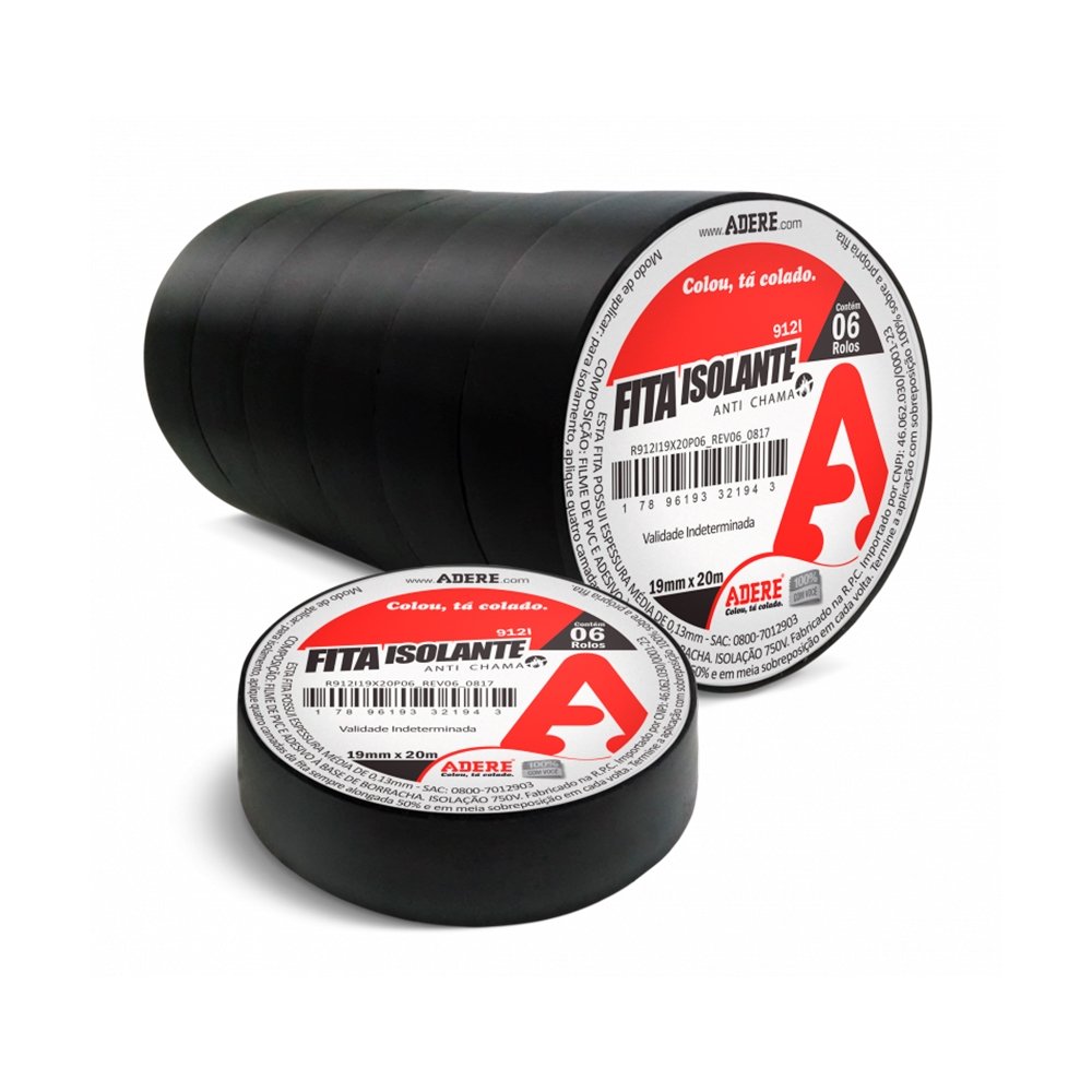 Fita Isolante Adere 912I 18mmX10m Preto - Embalagem com 6 Unidades