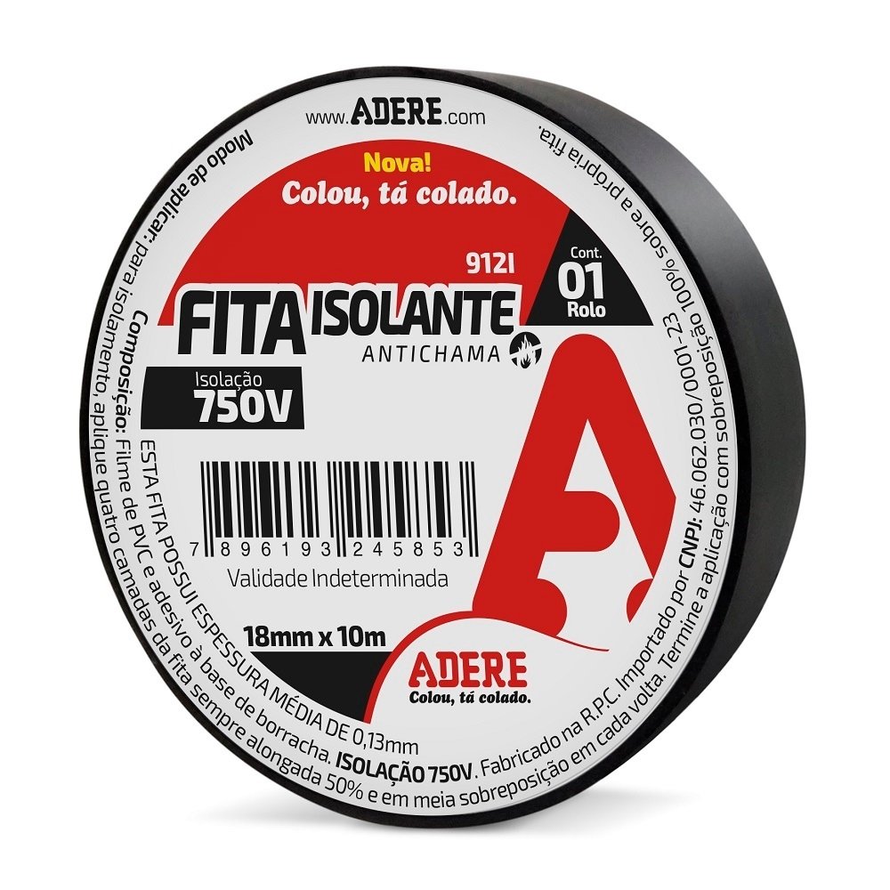 Fita Isolante Adere 912I 18mmX10m Preto - Embalagem com 6 Unidades