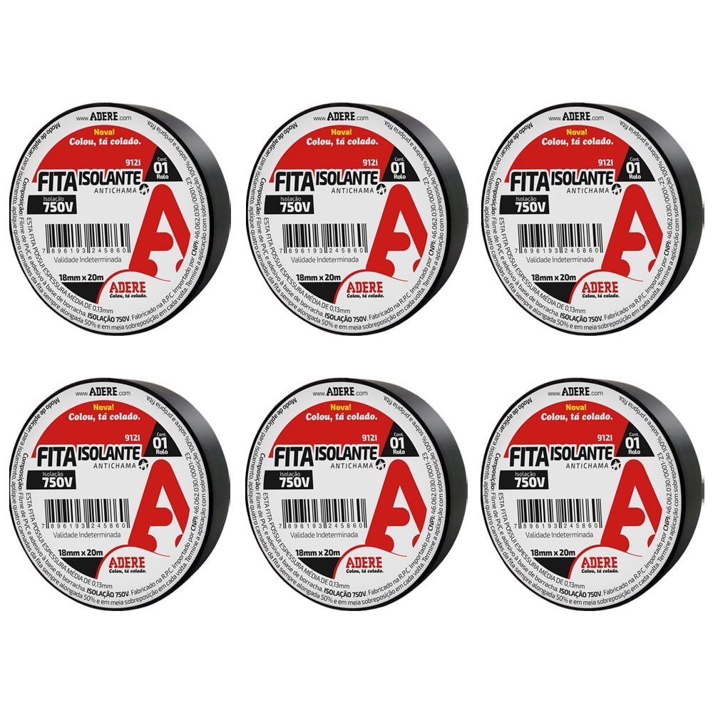 Fita Isolante Adere 912I 18mmX20m Preto - Embalagem com 6 Unidades