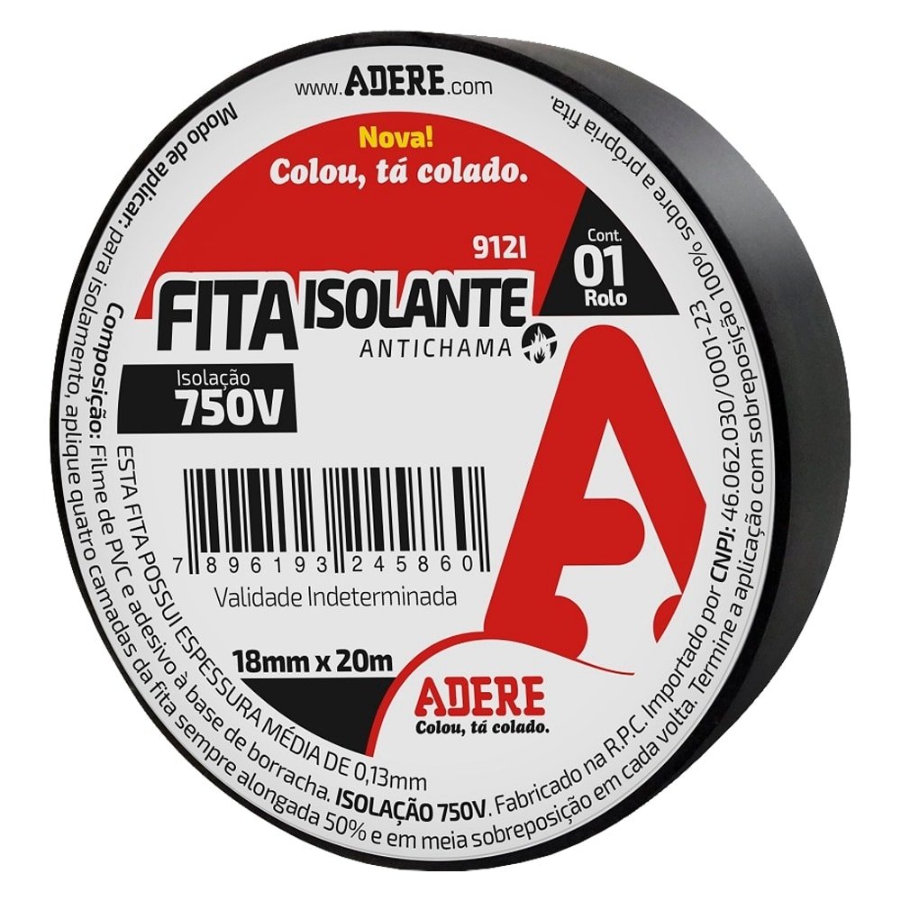 Fita Isolante Adere 912I 18mmX20m Preto - Embalagem com 6 Unidades