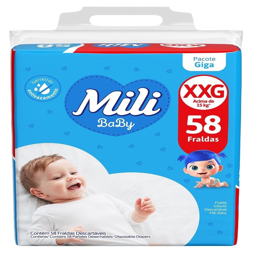 Fralda Descartavel Mili Baby Giga Tamanho XXG - 4 Pacotes com 58 Fraldas