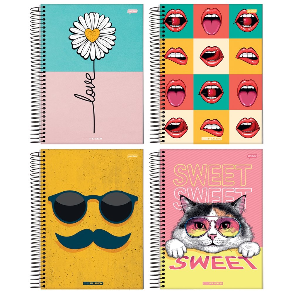 Caderno Espiral Universitário Jandaia - Capa Dura 10 Matéria On Fleek 200 Folhas - Embalagem com 4 Unidades