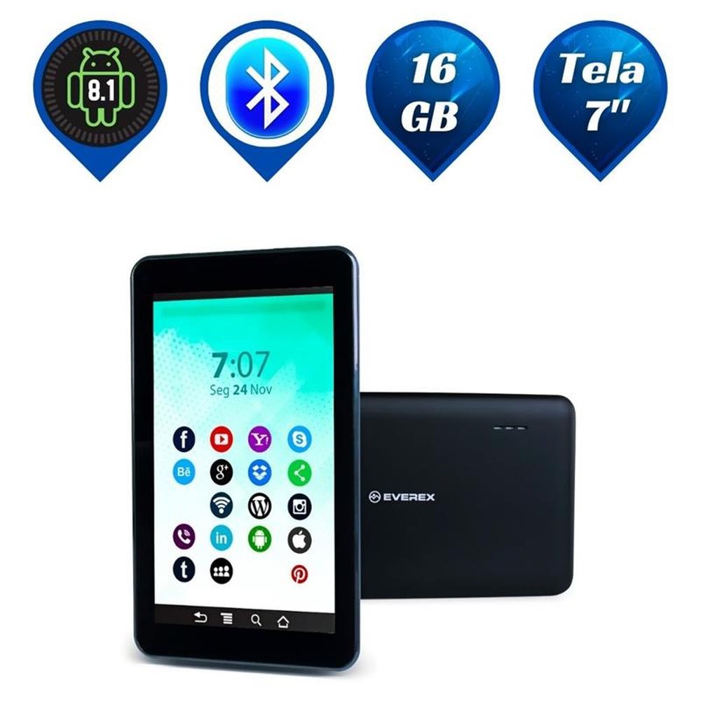 Tablet Quad Core, Tela 7", 1Gb , 16Gb, Bluetooth, Android 8.1 - Preto - Everex