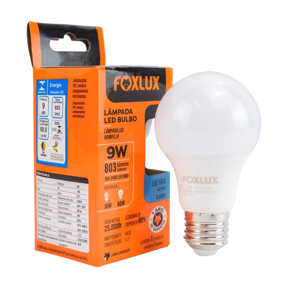 Lâmpada LED Fox Lux Bulbo 9W | 810 Lumens, 3000k, Bivolt  - Embalagem 10 Unidades