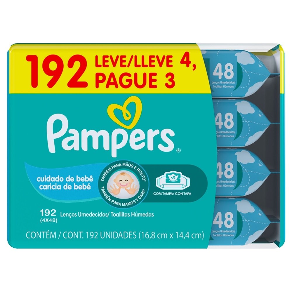 Lenços Umedecidos Pampers Cuidado de Bebé Leve 4 Pague 3  - 4 Pacote com 48 Lenços  - Total 192  Lenços