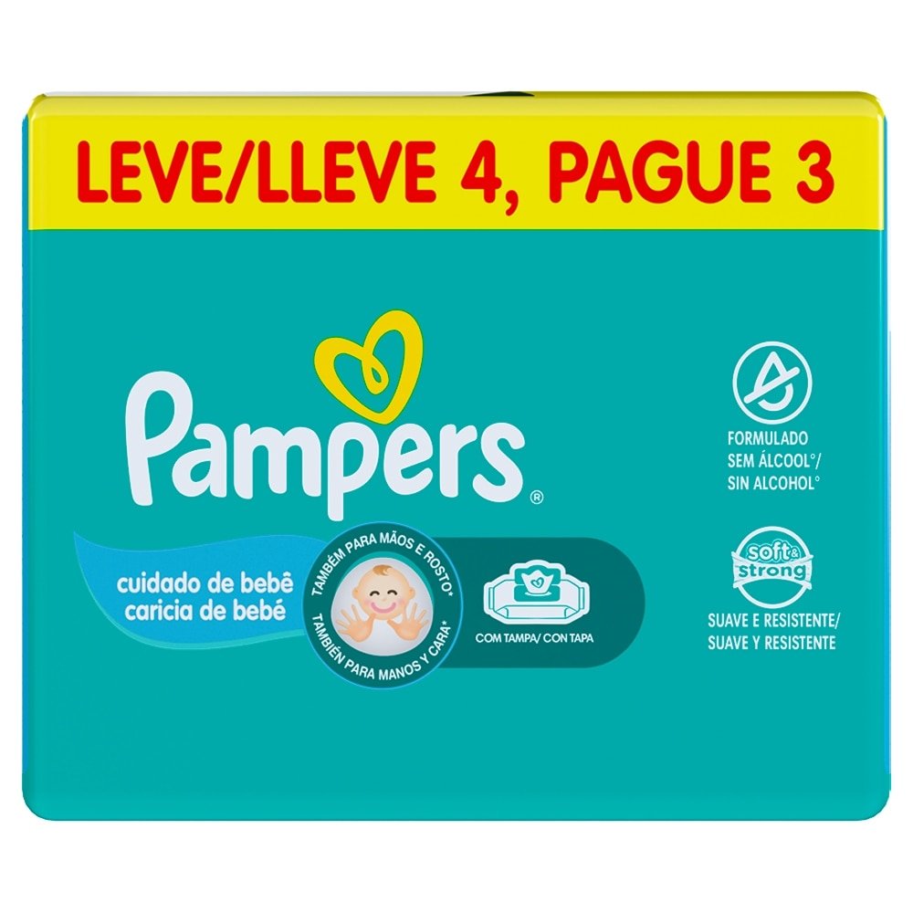 Lenços Umedecidos Pampers Cuidado de Bebé Leve 4 Pague 3  - 4 Pacote com 48 Lenços  - Total 192  Lenços