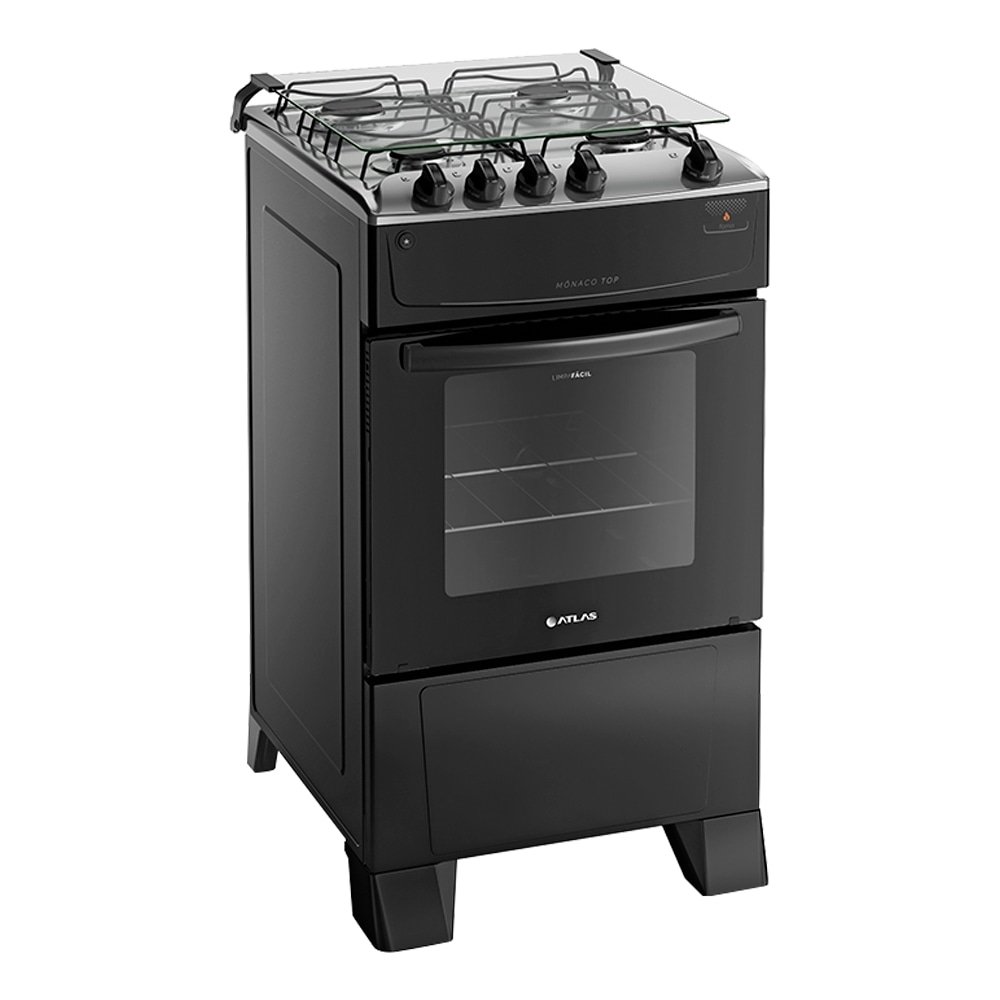 Fogão de Piso Atlas 4 Bocas Mônaco Top - Mesa em Inox, Preto, Bivolt