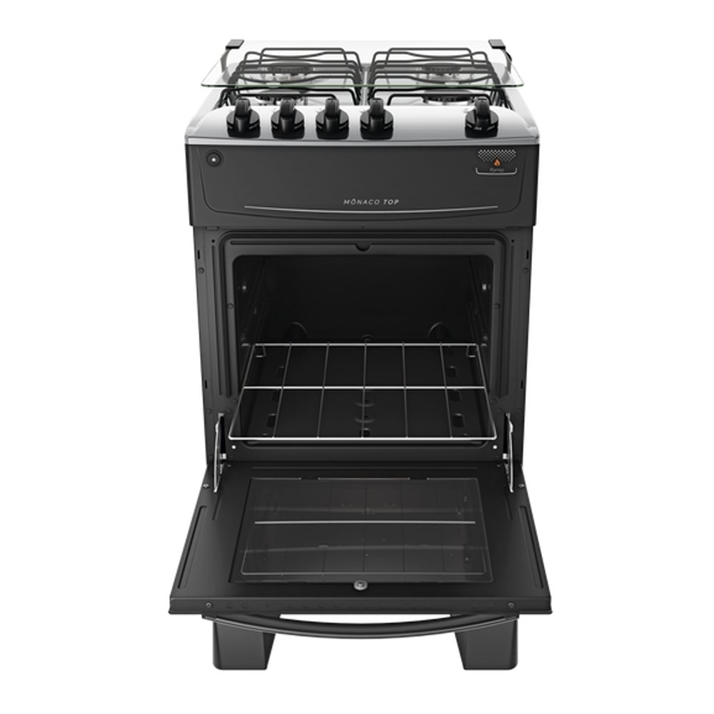 Fogão de Piso Atlas 4 Bocas Mônaco Top - Mesa em Inox, Preto, Bivolt