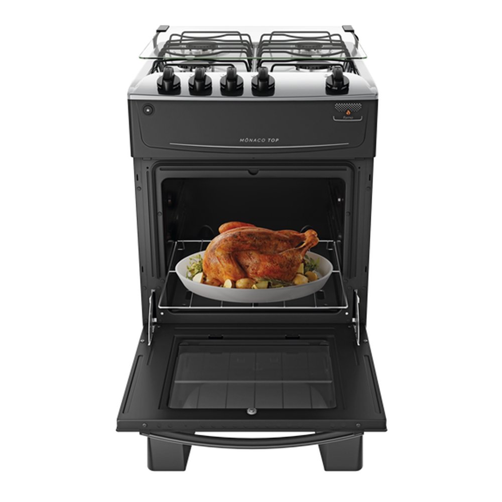 Fogão de Piso Atlas 4 Bocas Mônaco Top - Mesa em Inox, Preto, Bivolt