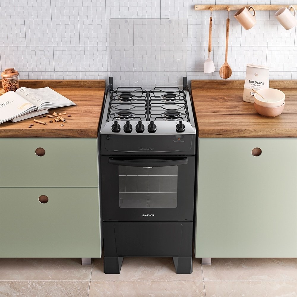 Fogão de Piso Atlas 4 Bocas Mônaco Top - Mesa em Inox, Preto, Bivolt