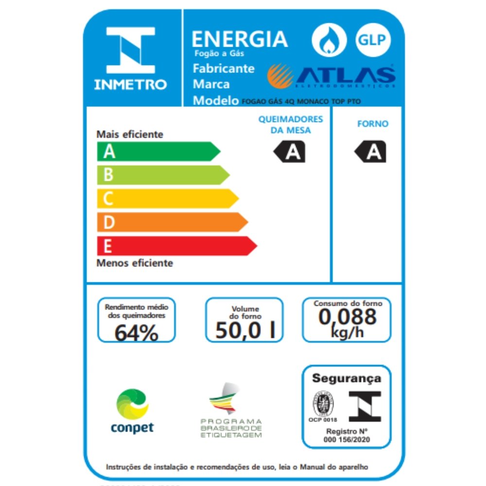Fogão de Piso Atlas 4 Bocas Mônaco Top - Mesa em Inox, Preto, Bivolt