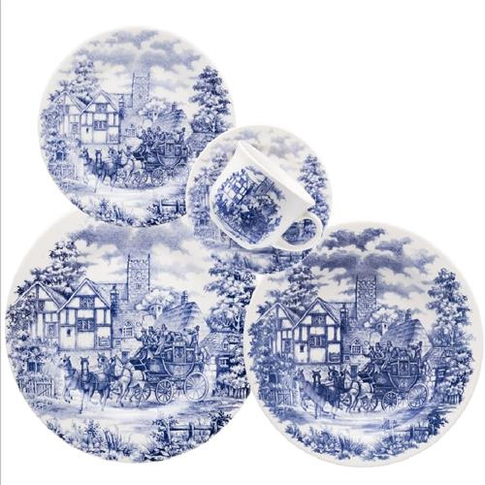 Aparelho de Jantar/Chá Biona Cena Inglesa | Cerâmica, 42 Peças, Azul/Branco