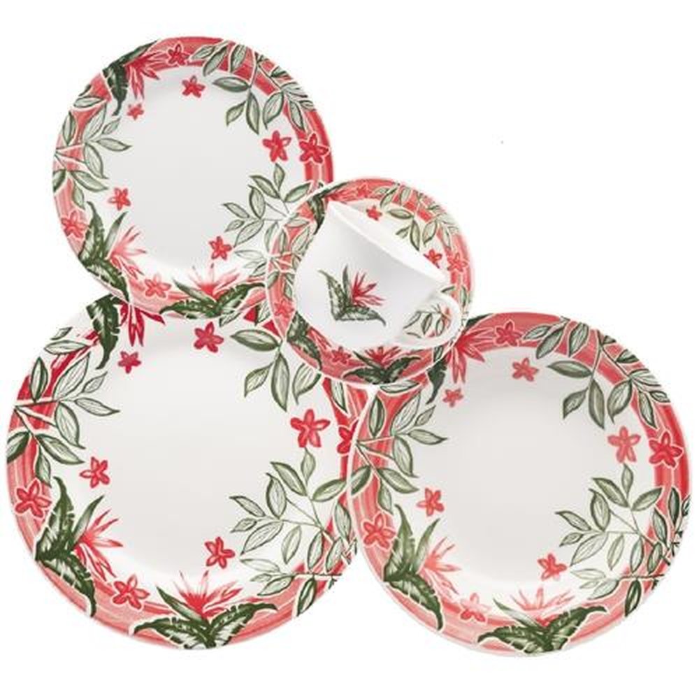 Aparelho de Jantar/Chá Biona Jardim Tropical | Cerâmica, 42 Peças, Branco/Vermelho/Verde