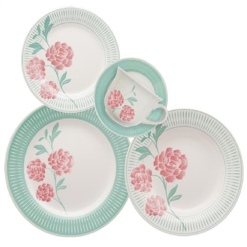 Aparelho de Jantar/Chá Biona Bloom | Cerâmica, 30 Peças, Verde/Rosa