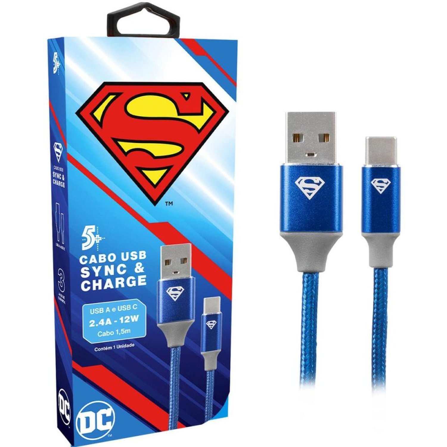 Cabo Carregador Turbo Pix 5+ Kokay, 1.5M Usb-A, Para Tipo C, Superman 5