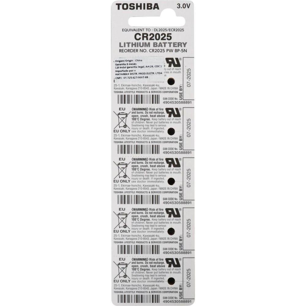 Pilha Moeda Lithium 3V CR2025 Toshiba - Cartela com 5 pilhas