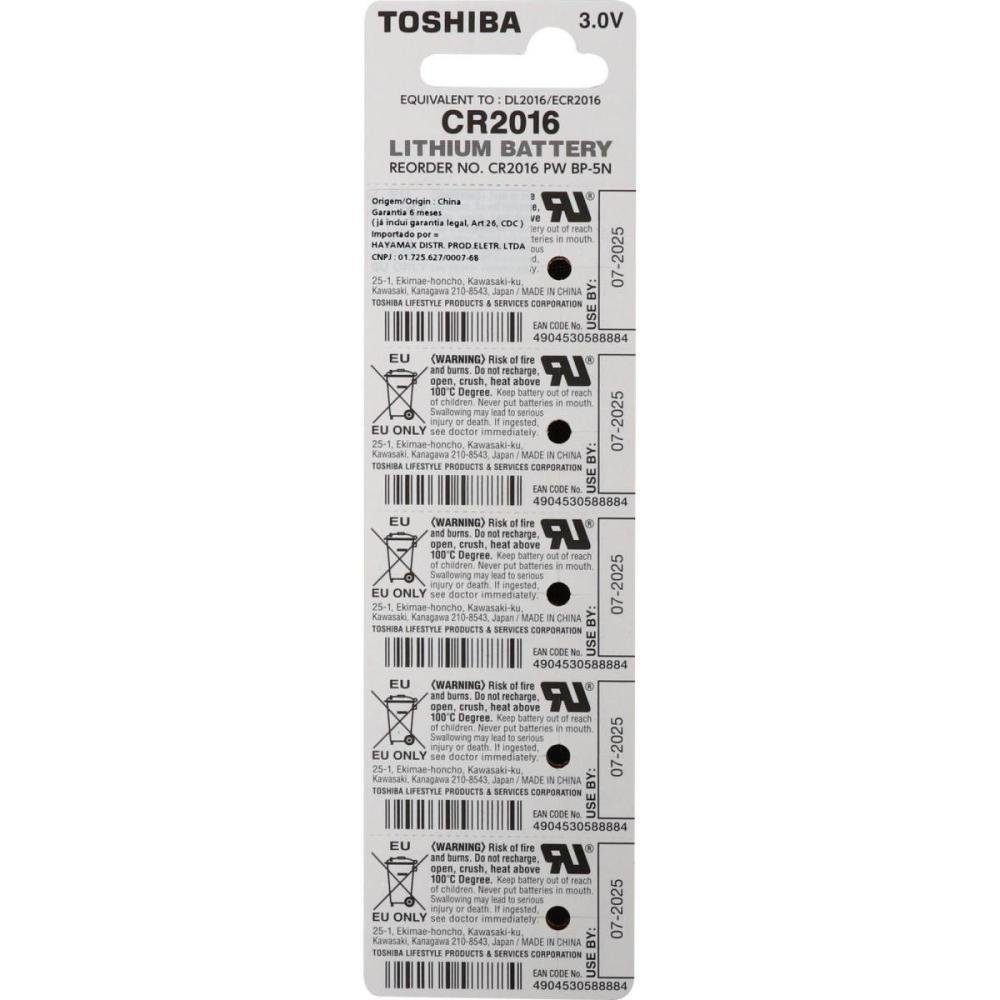 Pilha Moeda Lithium 3V CR2016 Toshiba - Cartela com 5 pilhas