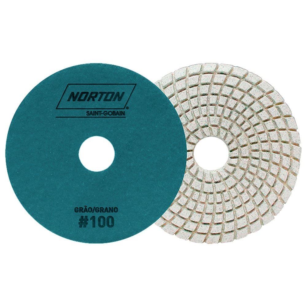 Disco Flexível Diamantado Norton Brilho D'Água - 100mm 4 Passos G100 Azul Claro - Embalagem com 10 Unidades