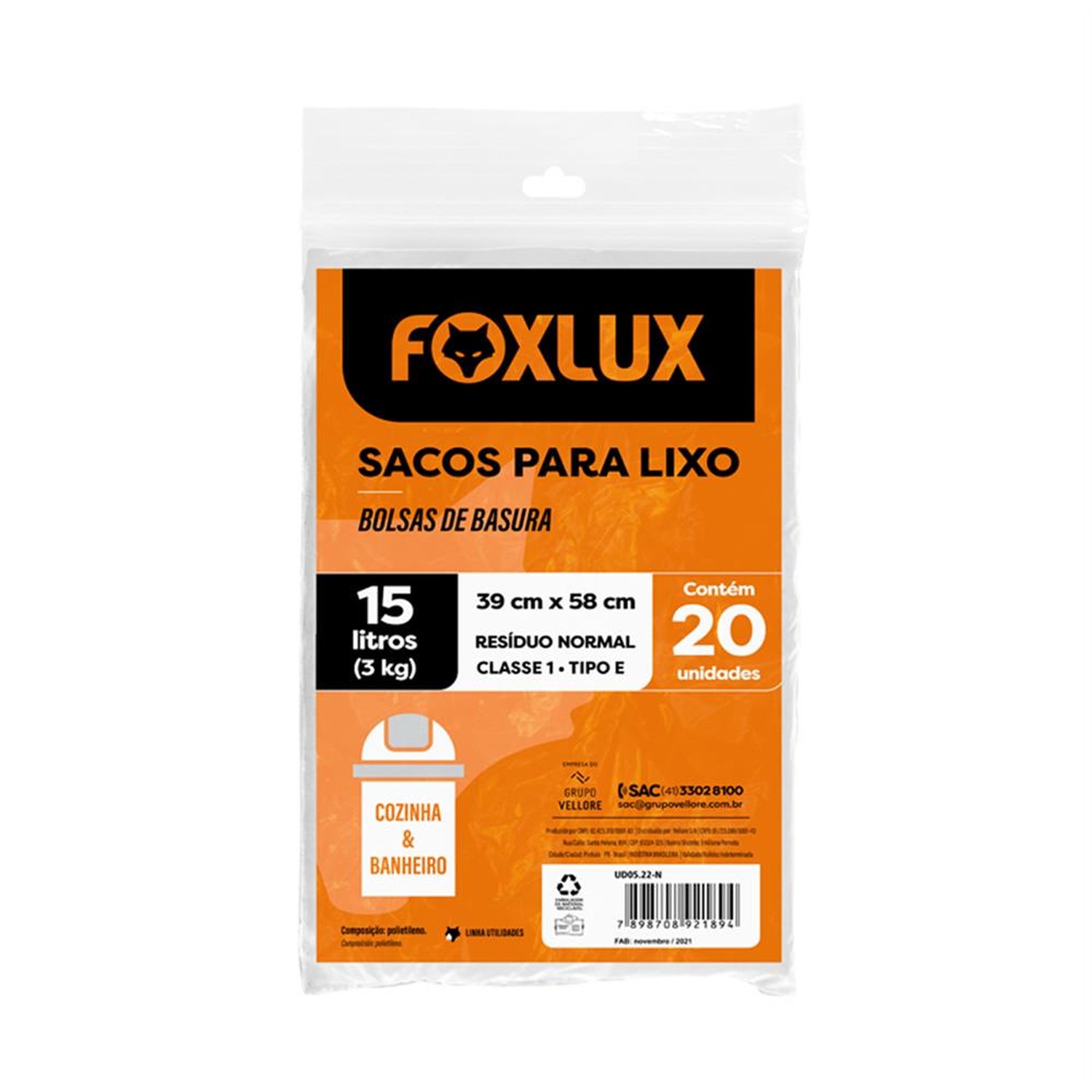 Saco De Lixo Branco Foxlux Ud05.22-N 39X58 Cm 20 Unidades Para Pia E Banheiro Resistente