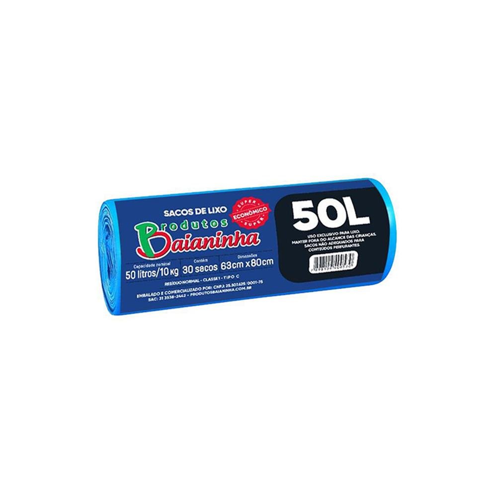 Saco Lixo 50L Azul Baianinha Reforçado Rolo C30