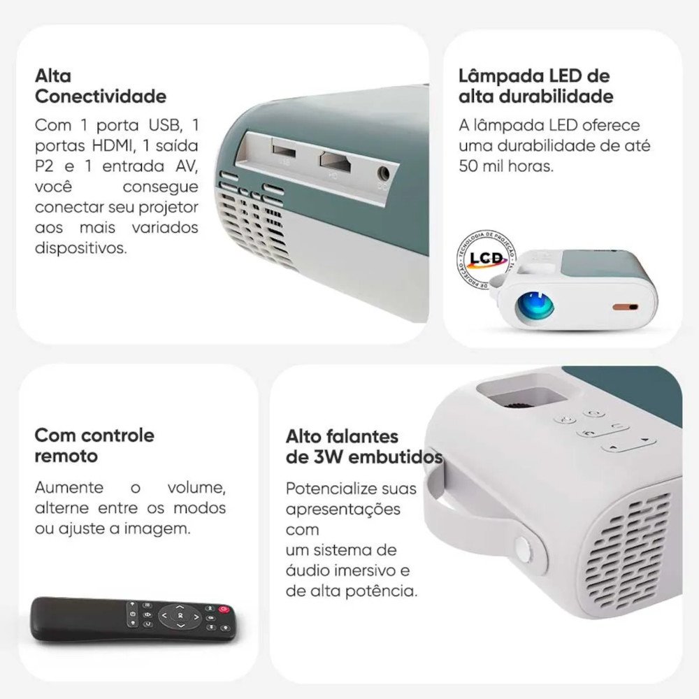 Projetor Multimidia Portatil Goldentec 3000 Lumens HD com HDMI USB e AV